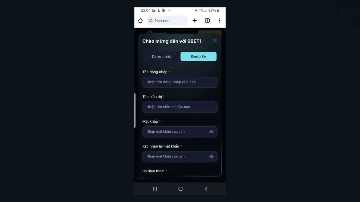 đăng ký 9BET qua app di động